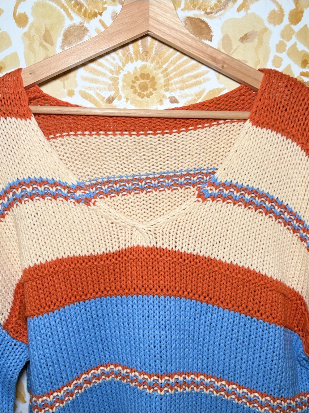 Colorblock Striped Chunky Knit Sweater | Blue Cream Rust V-Neck Boho Cozy - Picture 8 of 10